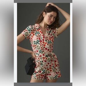 Maeve Linen Short-Sleeve Wrap Romper By Anthropologie Cherry 🍒 Berry Pattern